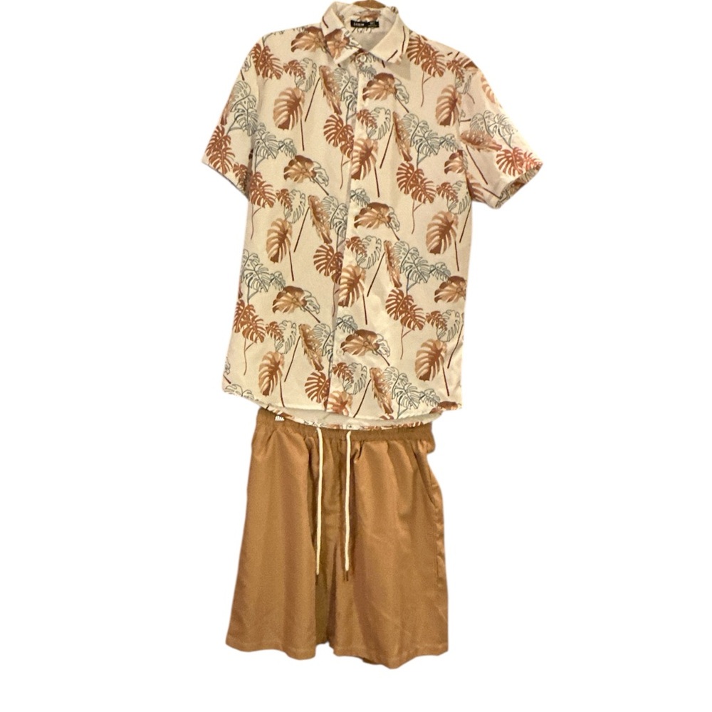 SHEIN Leaf Print Shirt in White and Brown - Shirt and Shorts Set